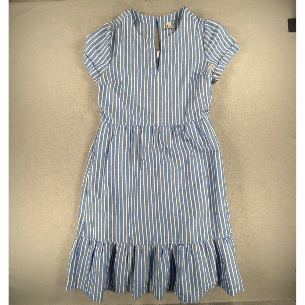 Pact Women's Medium Blue White Stripe Organic Cotton Linen Midi Dress Ruffle Hem